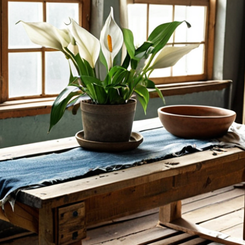 **Prompt:** A cozy Polish workshop interior filled with upcycled furniture made from old wooden pallets and repurposed denim. Sunlight streams through a window illuminating a craftsman adding finishing touches to a coffee table made from a single piece of reclaimed wood. Potted plants, including a large skrzydłokwiat (peace lily), are scattered around, and a tote bag made of old jeans is resting on a wooden workbench. The color palette is muted and natural, dominated by browns, greens and creams.
