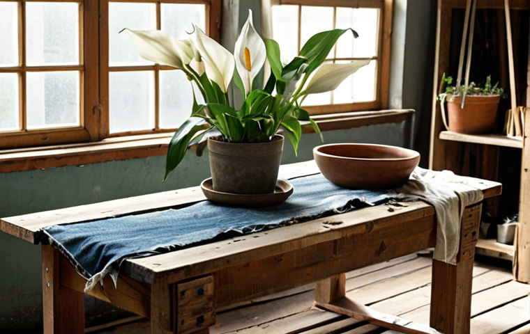 **Prompt:** A cozy Polish workshop interior filled with upcycled furniture made from old wooden pallets and repurposed denim. Sunlight streams through a window illuminating a craftsman adding finishing touches to a coffee table made from a single piece of reclaimed wood. Potted plants, including a large skrzydłokwiat (peace lily), are scattered around, and a tote bag made of old jeans is resting on a wooden workbench. The color palette is muted and natural, dominated by browns, greens and creams.